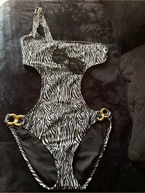 Bisou Bisou Black and White Zebra One-Piece Swimsuit with Gold Rings